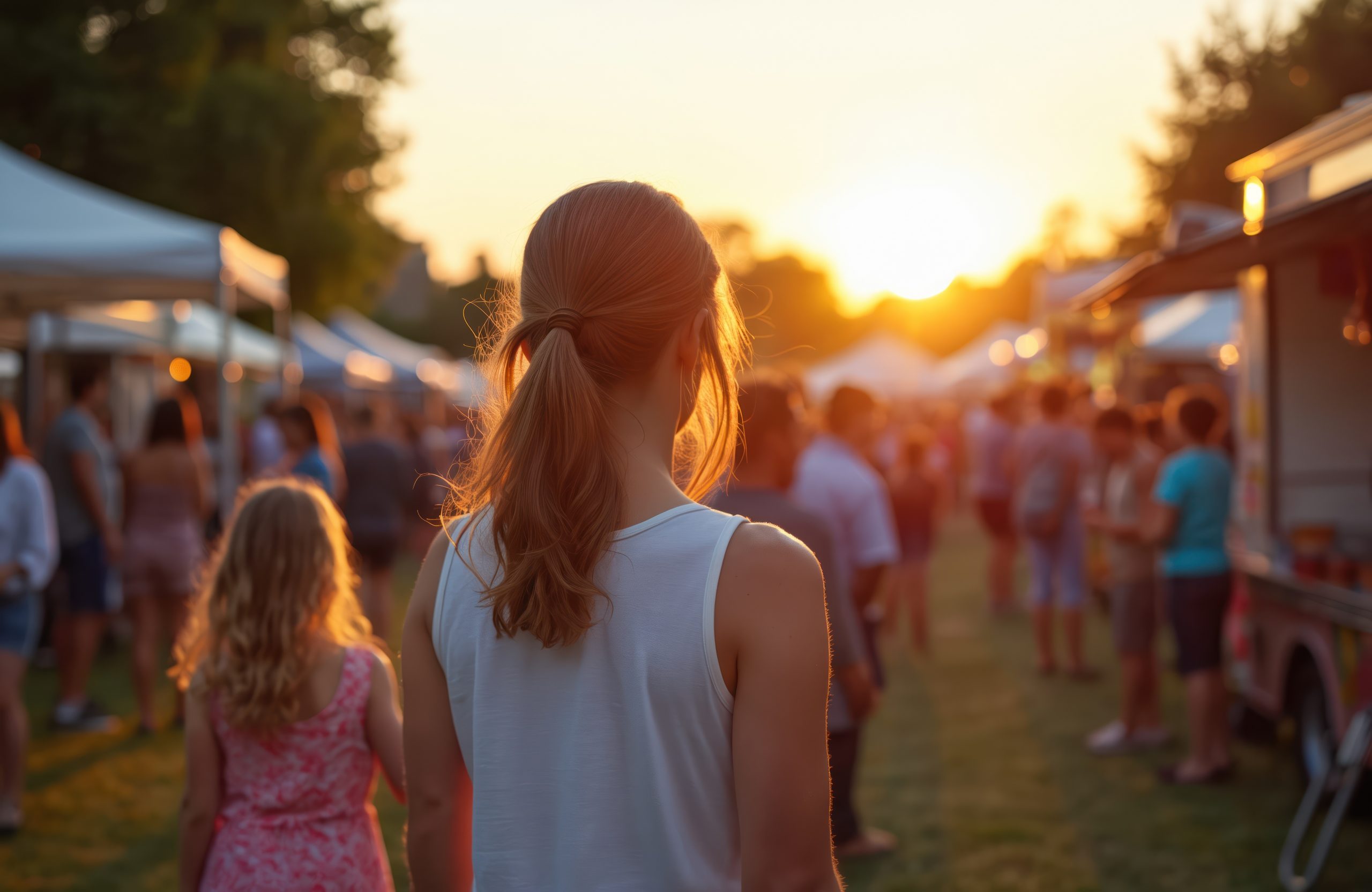 People gather at a community festival during sunset enjoying food trucks and outdoor stalls. A woman and child walk through the lively park atmosphere experiencing local spirit and summer fun.